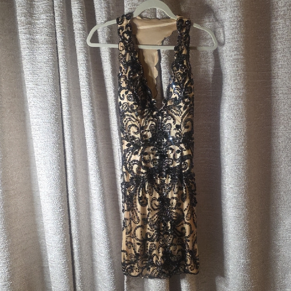 Jovani Black Beaded Embroidered V-Neck Mini Dress on Nude